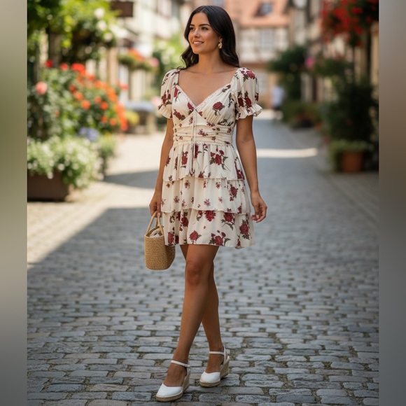 Thirty Thirty Dresses & Skirts - Chic Floral Mini Dress in Cream and Red
